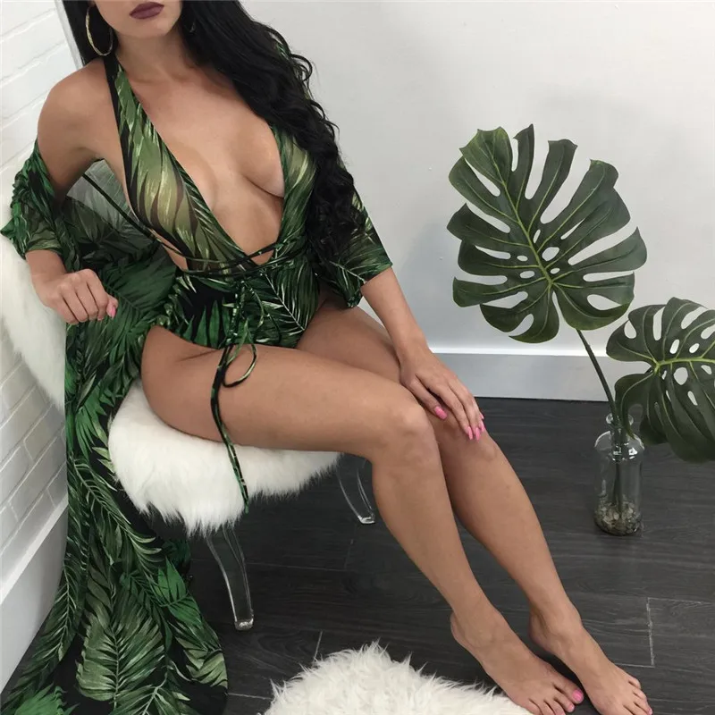 

Leaf Print One-Piece Swimwear Women Beachwear Bandage Bathing Suit Biquini Swimsuit + Female Long Sleeve Cover Up Beach Cardigan