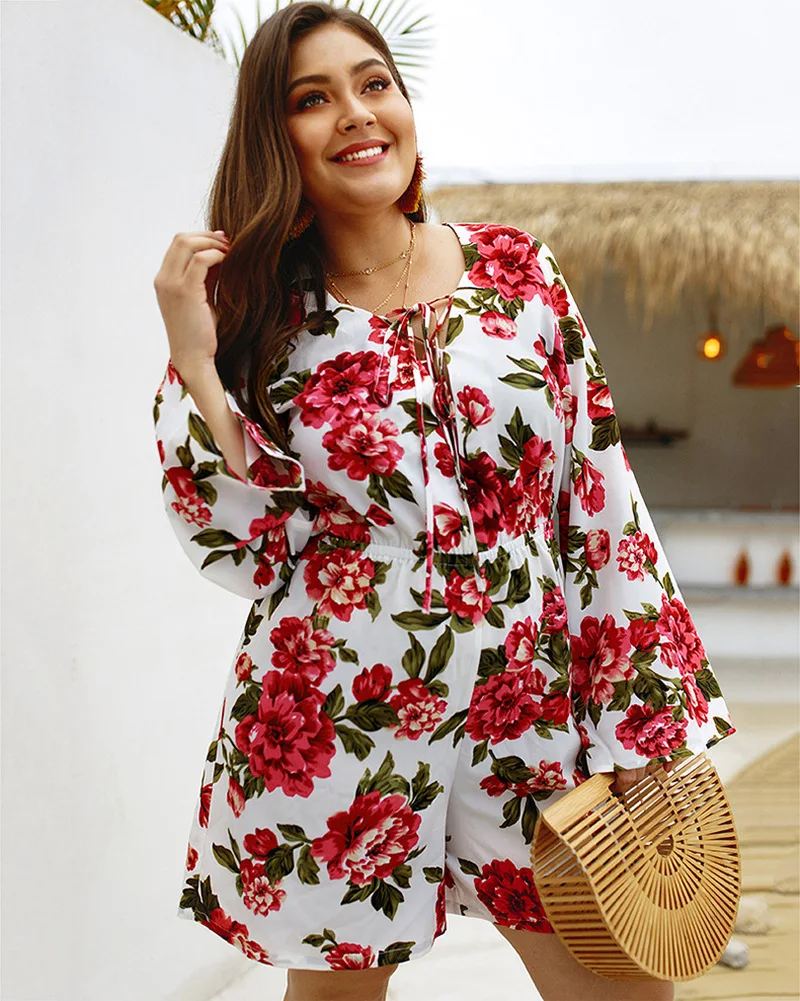 Original Design Spring and Summer Women's Large Size Jumpsuit Sexy Long-sleeved Printed Shorts Jumpsuit Women's Clothing 0533