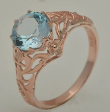 Free shipping unique custom processing rose gold jewelry fine carving decorative pattern design Aquamarine, 925 silver ring