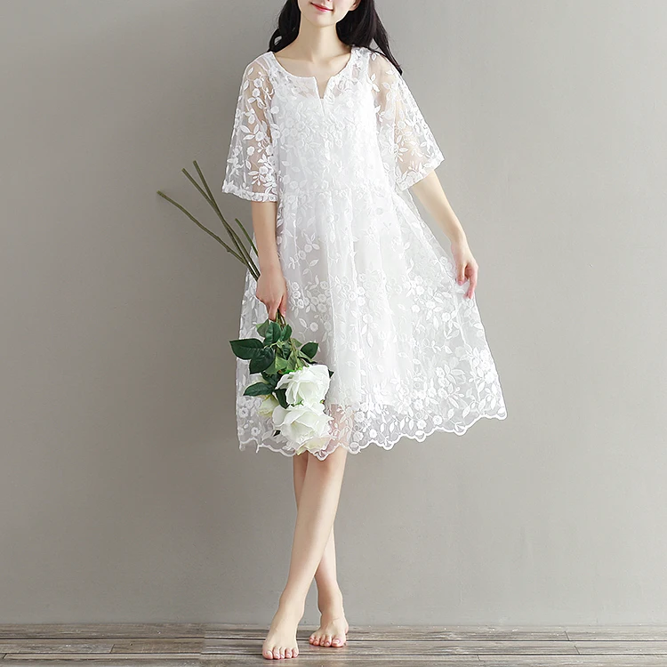 9077 Одежда для беременных, летний комплект-двойка, кружевное цельнокроеное платье для беременных, белое платье с вышивкой для беременных