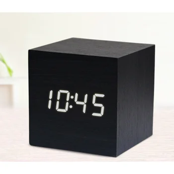 

Wooden Digital LED Clock Sounds Control Multicolor Square Wood Alarm Clocks Thermometer Table Clock Timer Calendar Home Decor