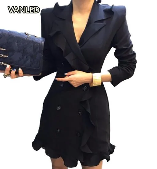 

Elegant Sweet Ruffle Collar Women's Blazer Double Breasted Sexy Slim Blazer Dress