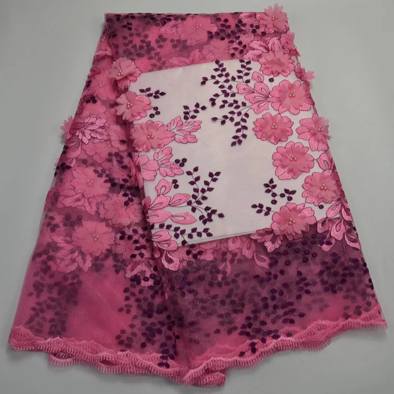 

Free shipping (5yards/pc) High quality pink African 3d flowers appliqued French lace with beads for party dressdre FLP122