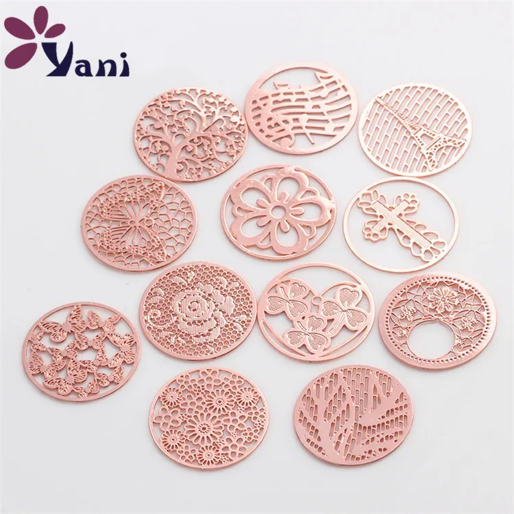 

10pcs/lot Wholesale Mixed Rose gold Hollow Window Plates 22mm Round Plates Charms for 30mm Floating Locket