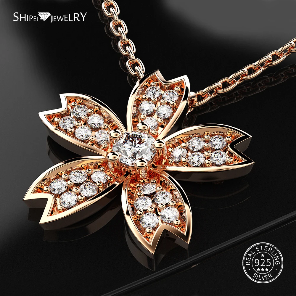 

Shipei 100% Sterling Silver White Sapphire Flower Pendant Rose Gold White Gold Flower Necklace Chain For Women Fine Jewelry