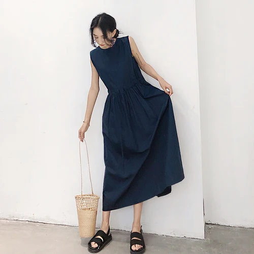 

Korean Summer Sleeveless Dark Blue Long Dress Loose High Waist Ankle-length Maxi Dresses Drawstring Chic Brief Large Woman Cloth