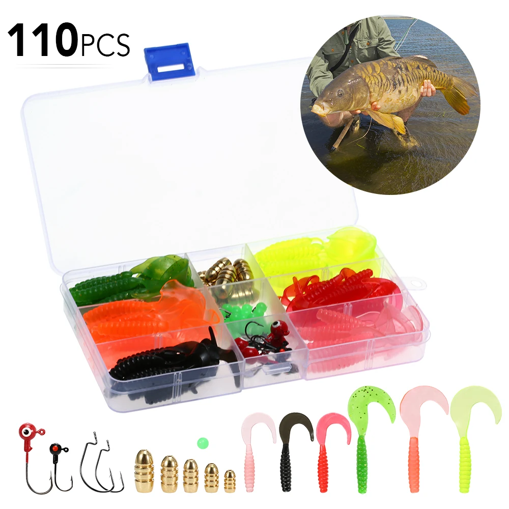 

LIXADA 108pcs soft lure Fishing Tackle Set Artificial Soft Bait Grub Earthworm Lures Swimbaits Jig Hooks Set with Tackle Box