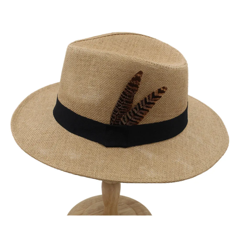 

Summer Women Men Straw Panama Hat With Wide Brim Beach Boater Sun Hat With Fashion Feather Size 56-58CM