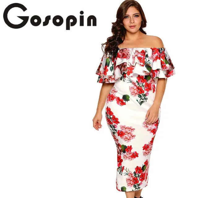 Gosopin Off Shoulder Dresses Summer Floral Ruffle Elegant Party Bodycon Dress Plus Size XXXL Vestidos De Festa Longo LC61611