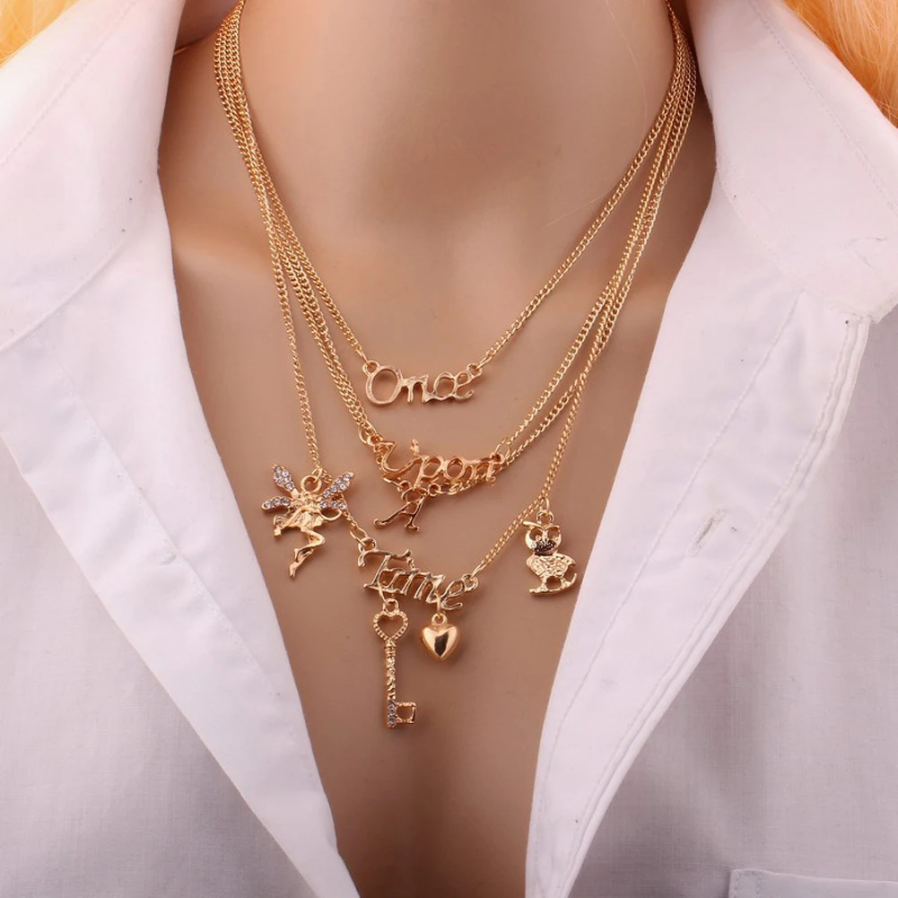 

gold color Letters With Key Heart Angel Owl Pendant Clavicle Chain Charm Necklace Multilayer Fashin Jewelry For Women
