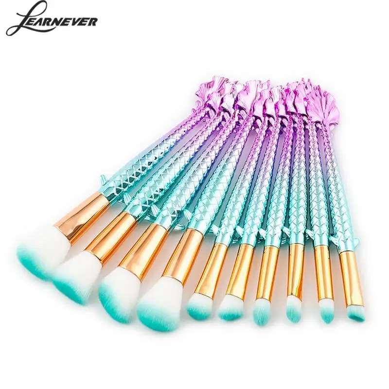 

10pcs/set Beauty Blue Mermaid Shadow Soft Hair Makeup Brush Set Kit Mermaid Fan Shape Big Powder Brush Beauty Accessories
