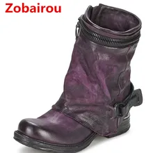 Zobairou зимние женские мотоциклетные резиновые Сапоги и ботинки для девочек в стиле панк ботильоны Для женщин байкер Пояса из натуральной кожи ковбойские ботинки Чулки для женщин