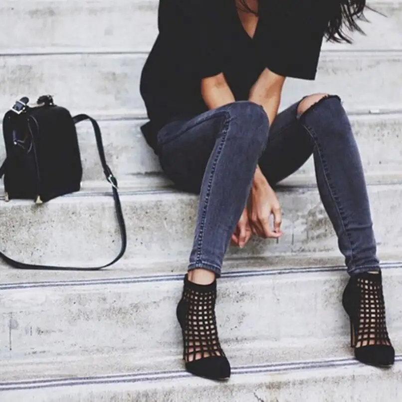

2017 New Rome Italy Hot spring women Pumps Pointed toe thin high heels shoes woman Sexy hollow Calf High Autumn boots