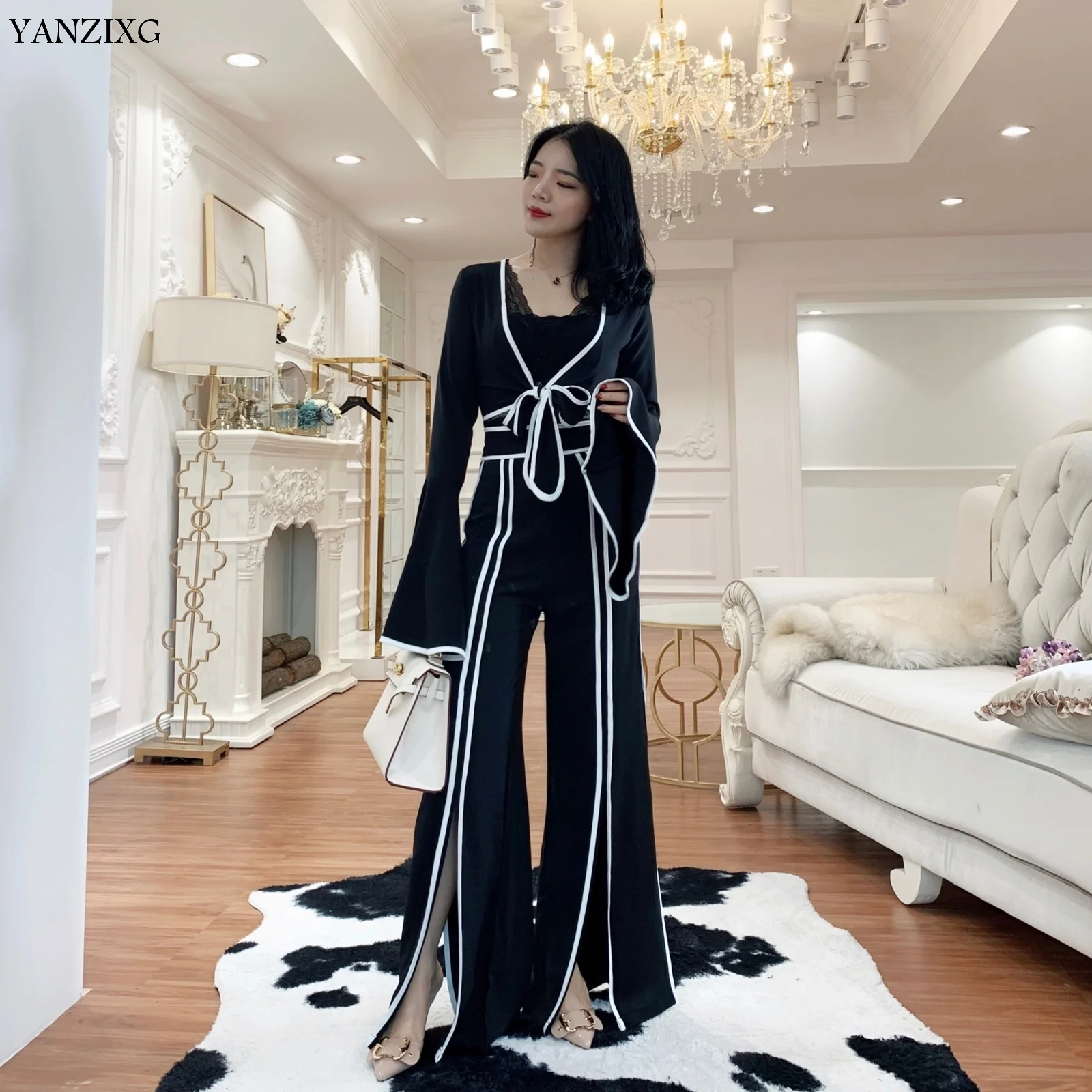 

Women's Sets Deep V Flare Sleeve Lace Up Women Tops High Waist Split Long Trousers 2 Pcs Set Elegant Women Sets Clothes Q141