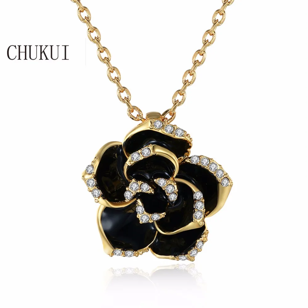 

CHUKUI Charm Vintage Lady Crystal Rose Flower Gold Color Enamel Necklace Pendants For Women Fashion Jewelry