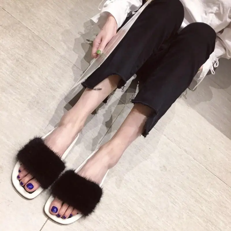 

Women Flat Heel Slippers Fur Slides Real Rabbit Furry Slides Soft Sole Beach Shoes