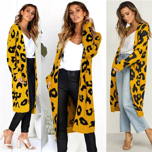 Новинка, брендовый осенне-зимний модный женский свободный вязаный свитер с леопардовым принтом и длинным рукавом, женское вязаное пальто, женский кардиган - Цвет: YELLOW