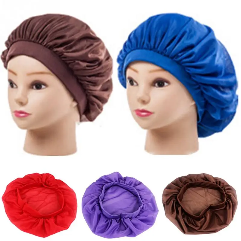 

Women Fashion Long Hair Care Cap Satin Bonnet Make up shower Cap Head Wrap Cover Night Sleep Hat Headwear Accessories