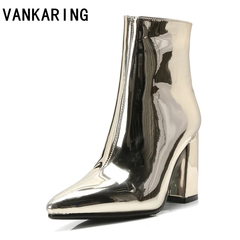 

VANKARING plus size gold silver patent leather pointed toe women shoes women fashion high heels autumn winter ankle boots women