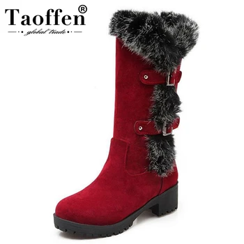 

TAOFFEN 6 Colors Size 34-43 Women Thick Fur Snow Boots Women Metal Buckle High Heel Boots For Cold Winter Botas Women Footwears