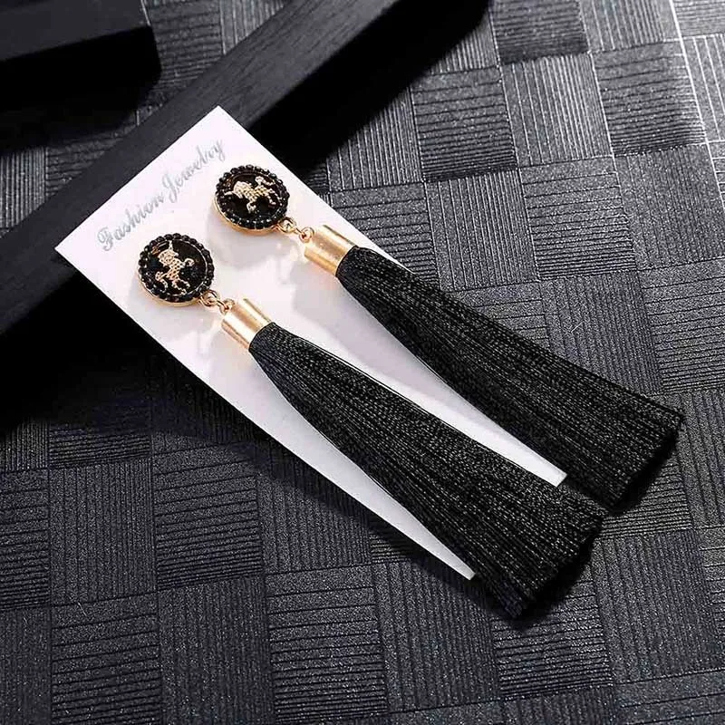 E6074  Trendy Drop Earrings WomenLongBohemianBlueSilkBalckDangleMetalBohoGold Tassel Earrings 2018 Jewelry