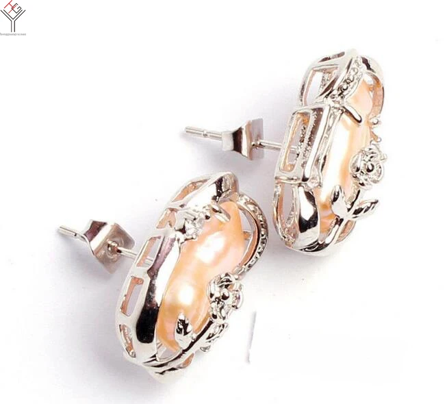 

women Jewelry Earring 8x15mm bright light pink baroque pearl rhinestone flower Stud Earring Natural Freshwater pearl