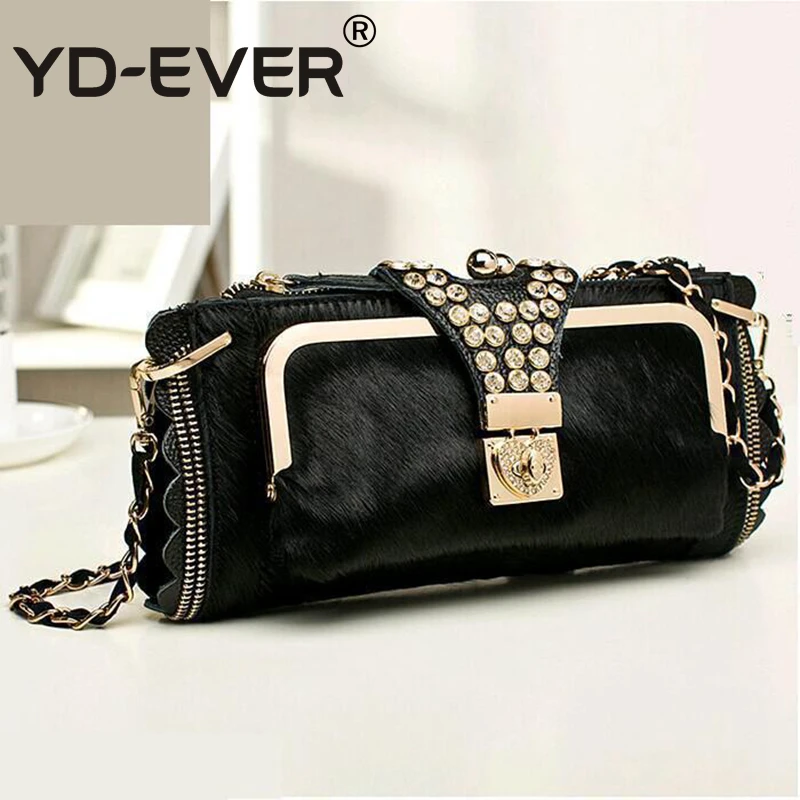 

horsehair genuine leather women day clutch bag ladies rhinestone evening bag female small chain diamond messenger bag shoulder