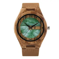 Натурального дерева часы Ретро Мрамор циферблат круглое лицо Винтаж кожа кварцевые часы Для мужчин мода деревянные наручные часы reloj mujer