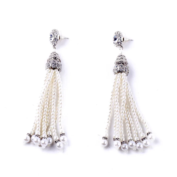 Elegant Pearl Drop Earring Gold &amp Silver Color Diamante Tassel Beaded Wedding Long Fashion Women Jewelry | Украшения и