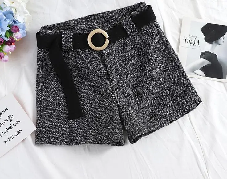 2018 Winter Women High Waist Woolen Shorts with Sashes Vintage Formal Wide Leg Winter Shorts Elegant Women Pants