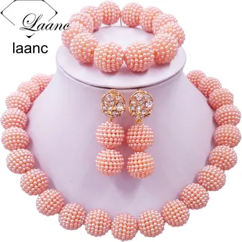 

Laanc Peach African Beads Jewelry Set for Nigerian Wedding Simulated Pearl Necklace and Earrings SP1R004