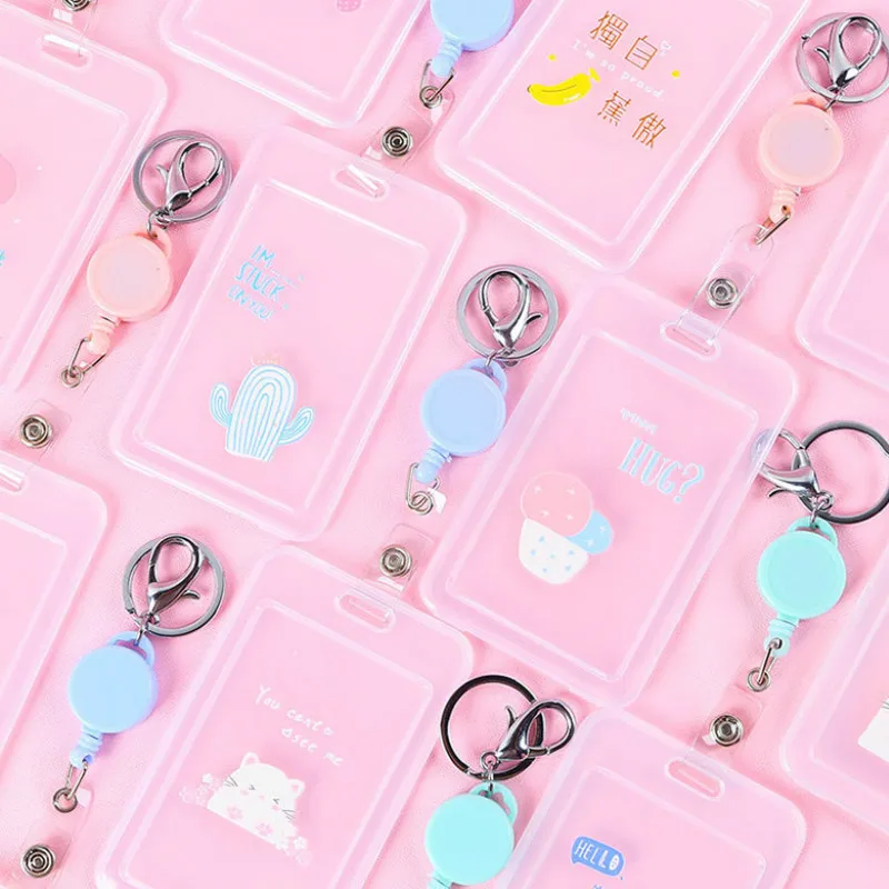 

Cartoon Transparent Retractable Badge Card Holder Fashion Printed Keychain Elastic Pull Lanyard ID Name Tag Card Cover Case Girl