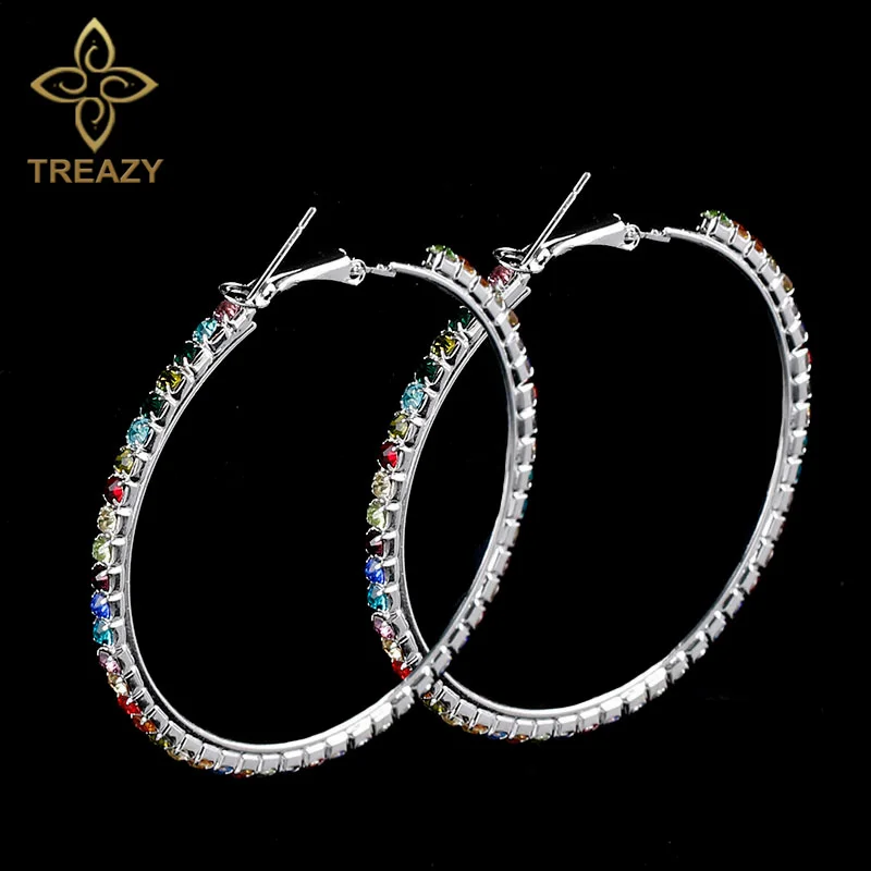 Женские серьги кольца TREAZY Разноцветные с серебряным покрытием стразы подарочные