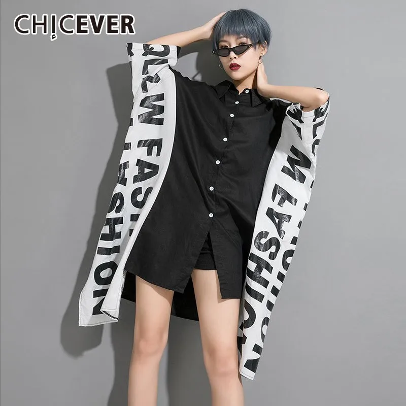 

CHICEVER Summer Casual Letter Print Open Stitch Women Dress Lapel Three Quarter Batwing Sleeve Plus Size Asymmetrical Dresses