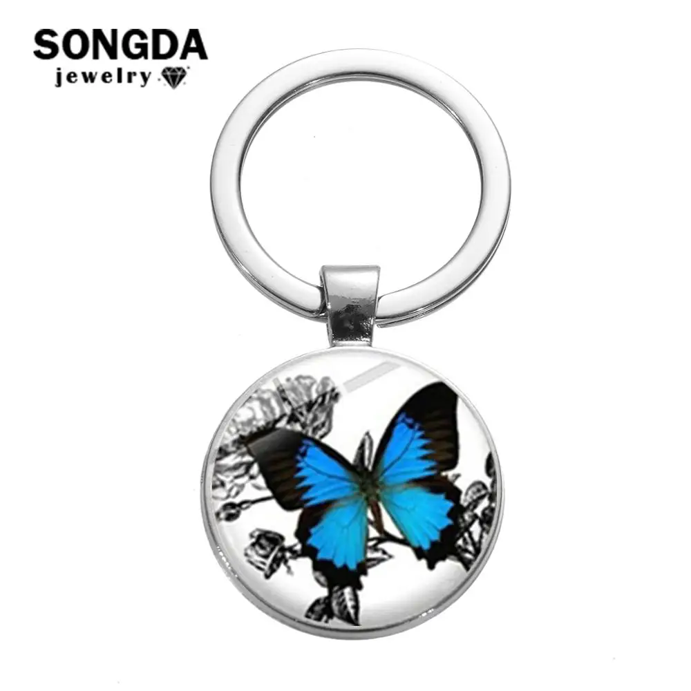 

SONGDA Beautiful Butterfly Keychain Bag Charm Silver Plated Cute Animal Insect Glass Cabochon Car Key Chain Holder Gifts for Her