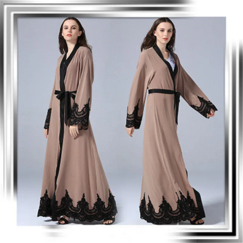 Turkish Dubai Abaya Patchworking Lace Edge Muslim Dress Solid Color Open robe Plus Size Women's Islamic Clothing Casual Dresses |