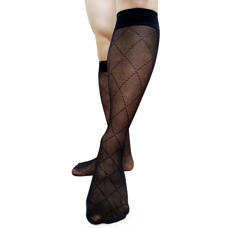 Прозрачные сексуальные деловые носки для мужчин, сексуальные фетиш коллекция, мужские чулки, высокий эластичный рукав с наружной резьбой, черный плед