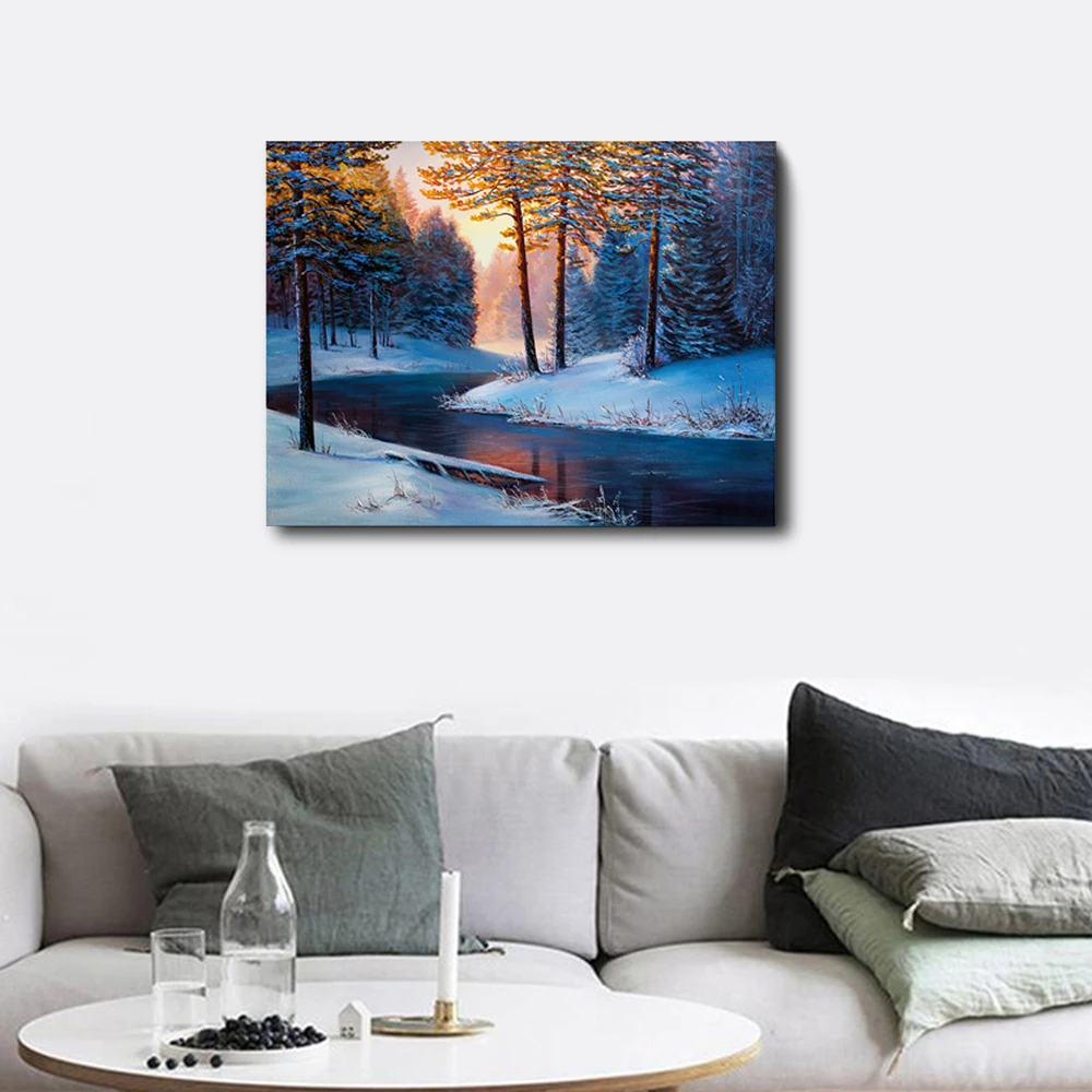 Laeacco Winter Snow River Forests Landscape Modern Art Oils Painting Canvas Posters Prints For Bed Living Room Wall Decoration Laeacco Winter Snow River Forests Landscape Modern Art Oils Painting Canvas Posters Prints For Bed Living Room Wall Decoration