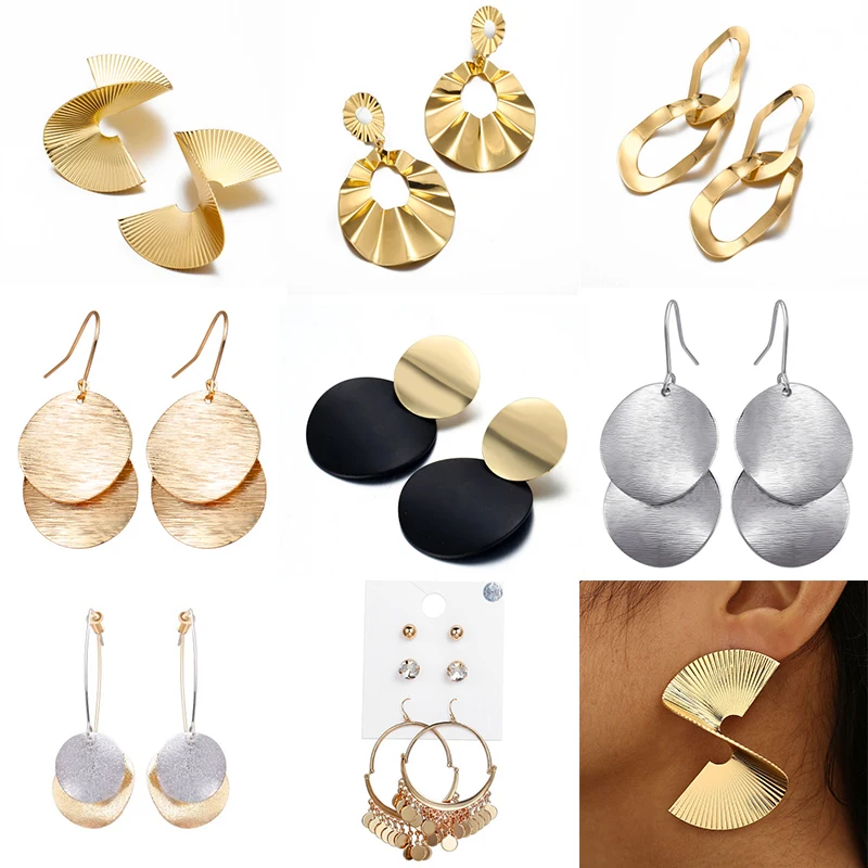 

Punk Style Personality Irregular Spiral Fan Blade Hollow Wave Circle Earrings Fashion Two-layer Metal Sequin Earrings for Women
