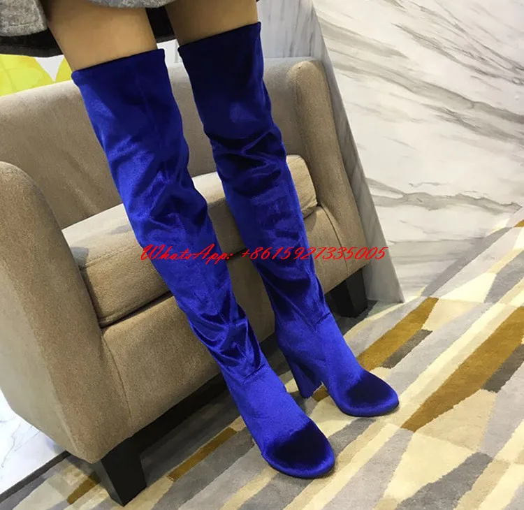 Azul de Terciopelo Elástico Botas de Mujer Tacón Grueso Botas Altas de Las  Mujeres zapatos de Tallas grandes Bottes Femmes 2018 de Invierno Sobre Las  Botas de Rodilla|thigh high boots women|heel thigh
