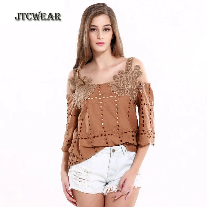 Jtcwear летние открытые с открытыми плечами Винтаж блузка Аппликация Половина