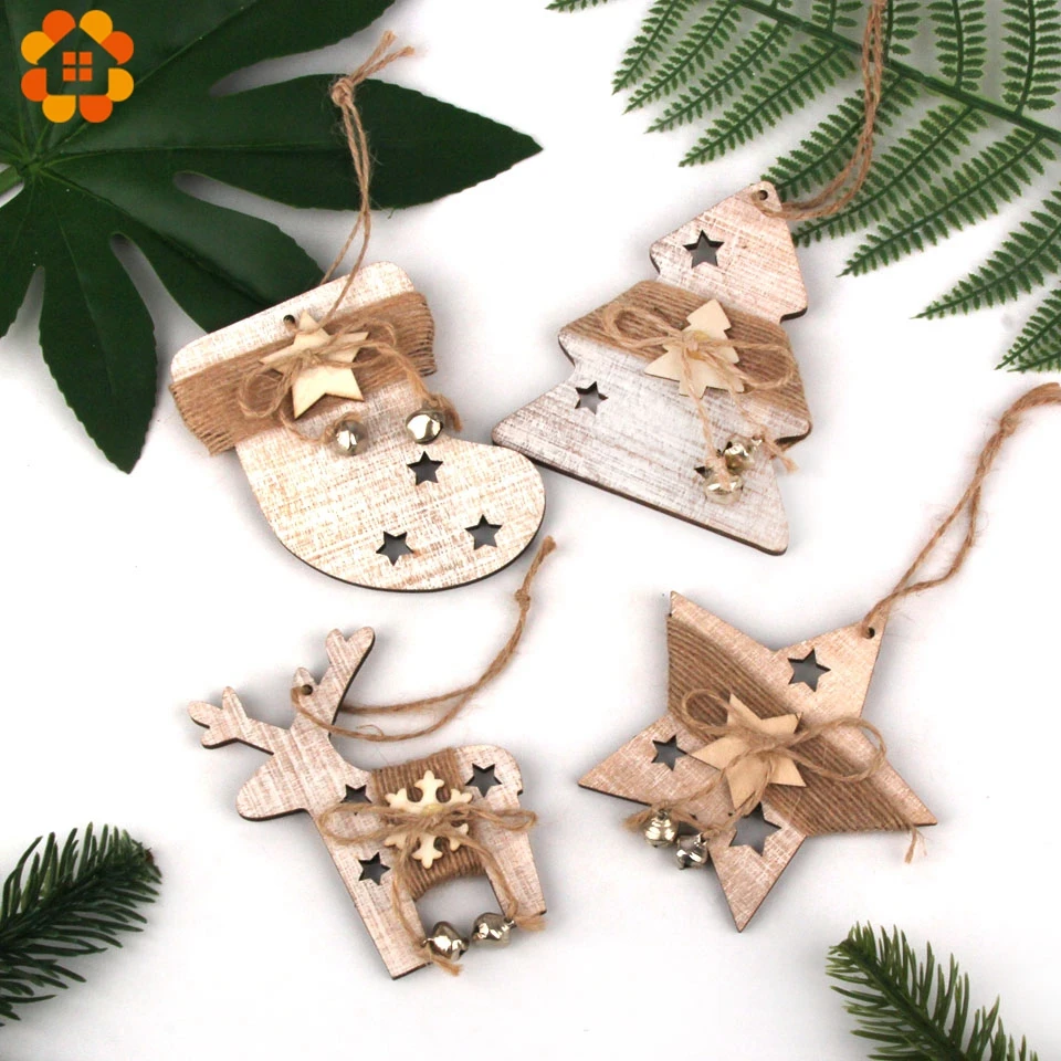 1PC Vintage Christmas Wooden Deer/Sock/Tree/Star Pendants Ornaments Wood Crafts Kids Gift Christmas Tree Ornaments Decorations