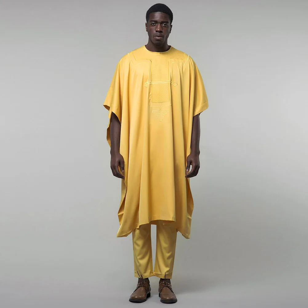 Fadzeco Agbada Мужская африканская вышивка Дашики желтый Doudou топы Короткий рукав брюки 3 шт размера плюс мужская одежда халат Базен