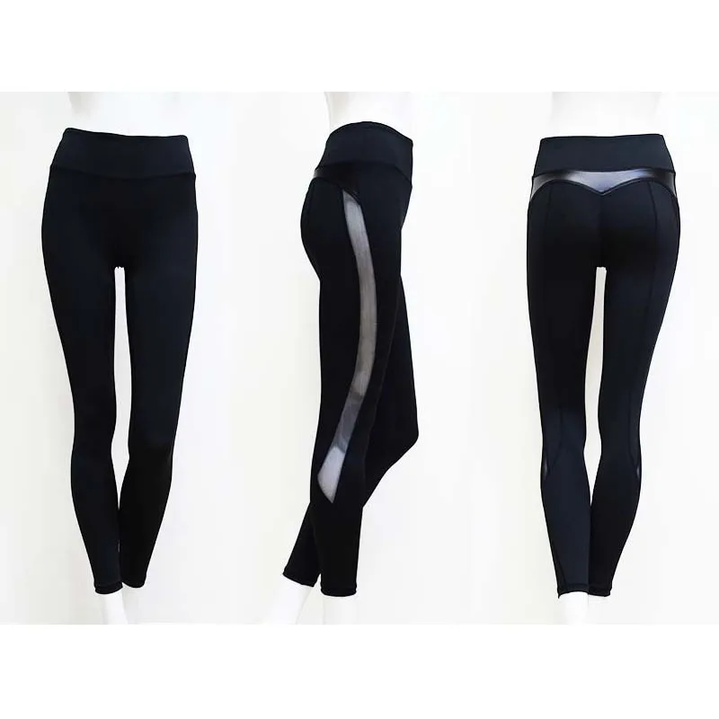 PU Leather Patchwork Yoga Leggings Breathable Mesh Splice Sports Pants Women Booty Push Up Leggings Black Running Tights