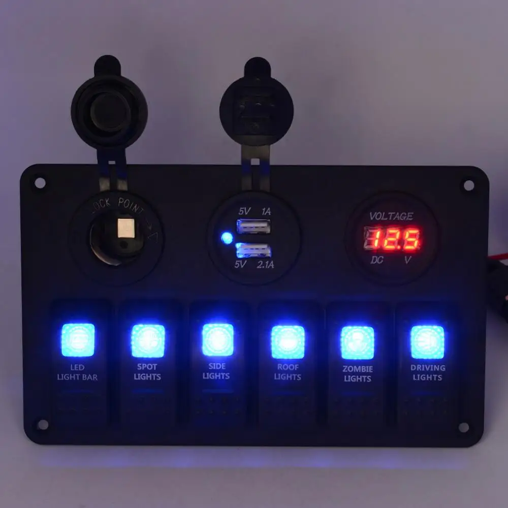 

6 Gang 5Pin 12V 24V LED Rocker Switch Panel Circuit Breaker Charger Dual USB Socket Cigaretter Plug Voltmeter Car Auto Accessory