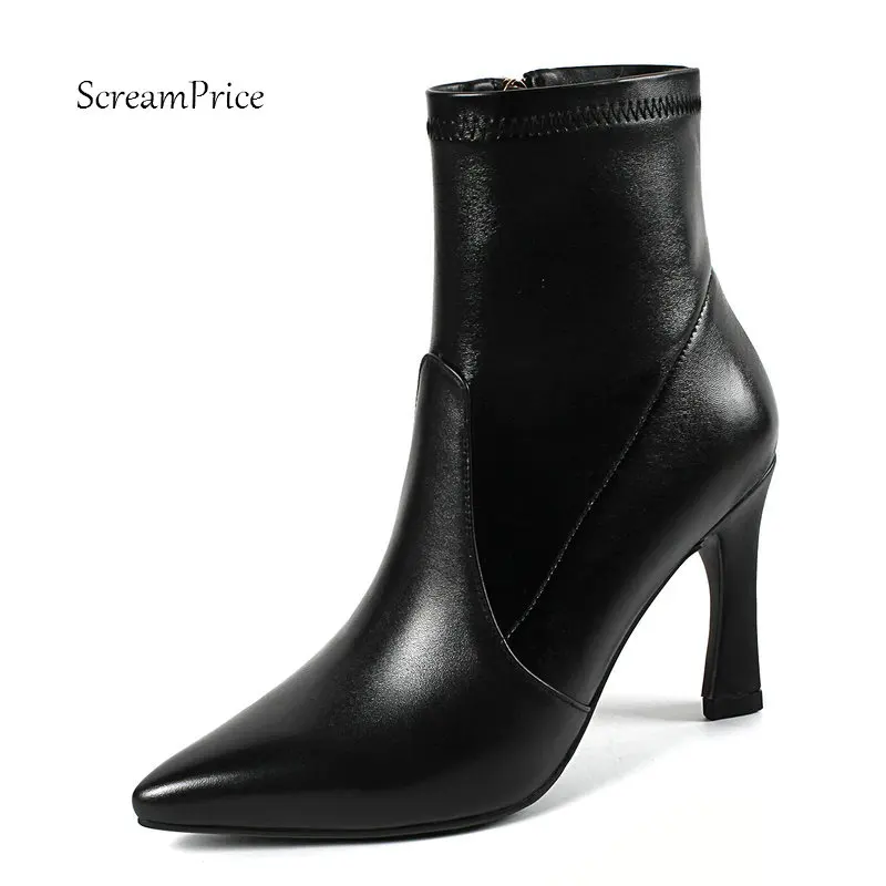 

Ladies Genuine Leather Square High Heel Ankle Boots Fashion Zipper Pointed Toe Women Fall Winter Bootis Black Beige