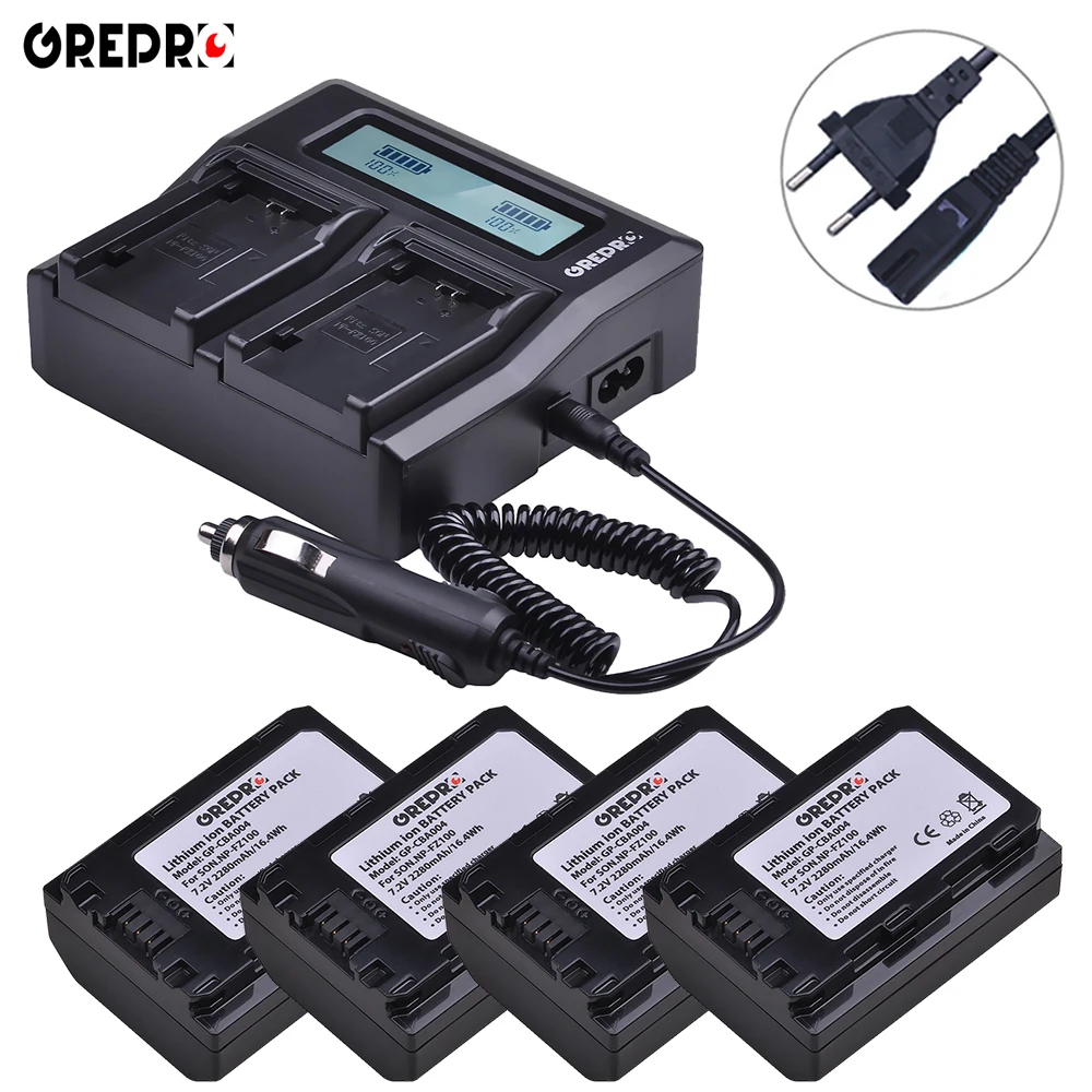 

GREPRO 4pcs 2280mAh NP-FZ100 NP FZ100 NPFZ100 Camera Battery+Fast LCD Charger for SONY ILCE-9 A7m3 a7r3 A9/A9R 7RM3 9S 9R BC-QZ1