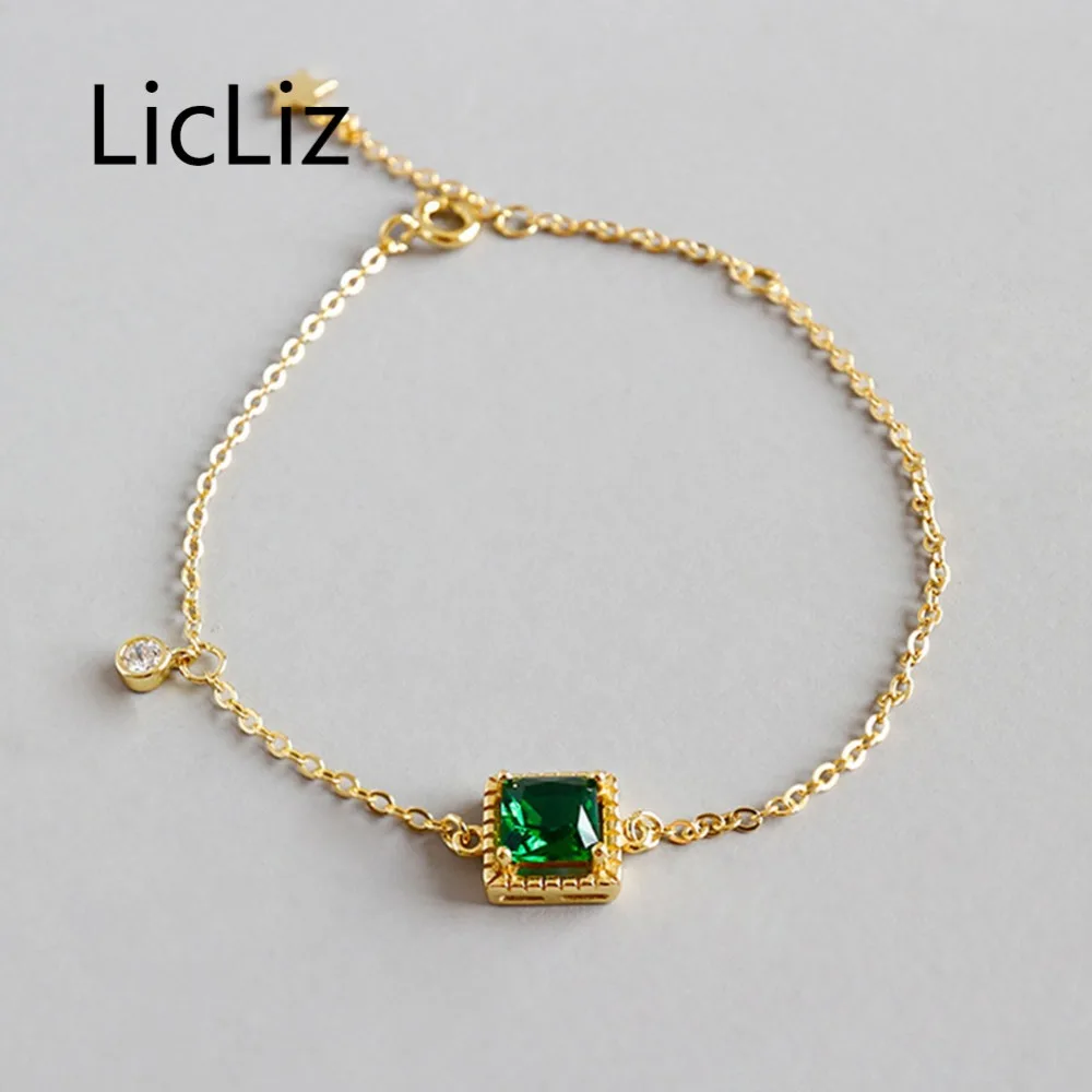 

LicLiz New 925 Sterling Silver 18K Gold Link Chain Bracelet for Women Classic Adjustable Bracelet with Green and Clear CZ LB0127