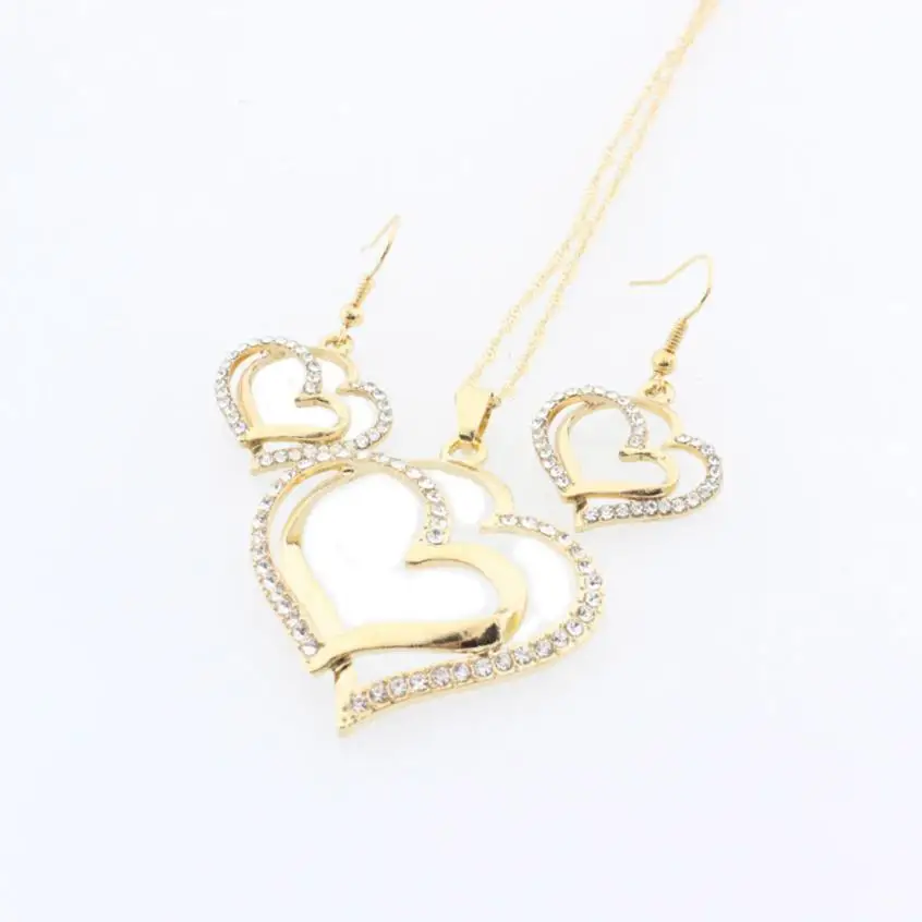 Двойное сердце, ожерелье, серьги, набор, принцесса, невеста, подружка невесты, Романтическая свадьба, креативное ожерелье, серьги, набор, brincos#6-7 - Окраска металла: Gold