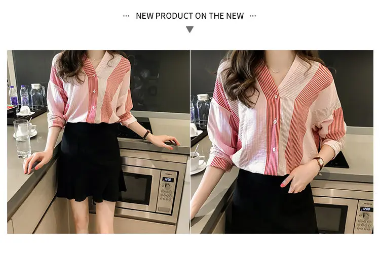 2019 Autumn Women's Striped Shirts Womens Tops And Blouses Fashion Long Sleeve Shirt Plus Size V-neck Blusas Chemise Femme (9)